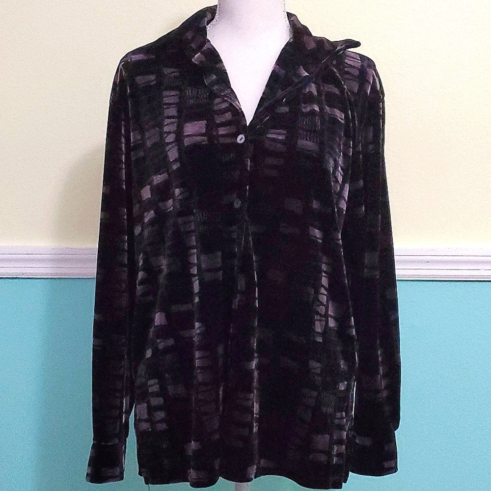 John Paul Richard Vintage Black & Gray Velvet Long Sleeve Buttoned Boxy Shirt M